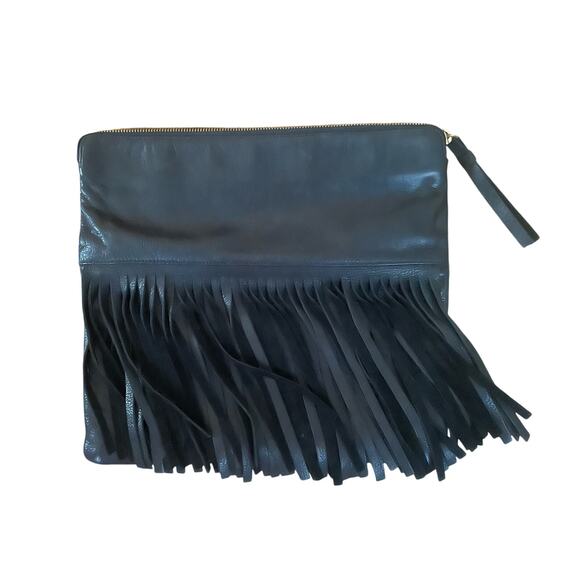 B-LOW THE BELT Black Fringed Foldover Leather Clutch Purse Bag